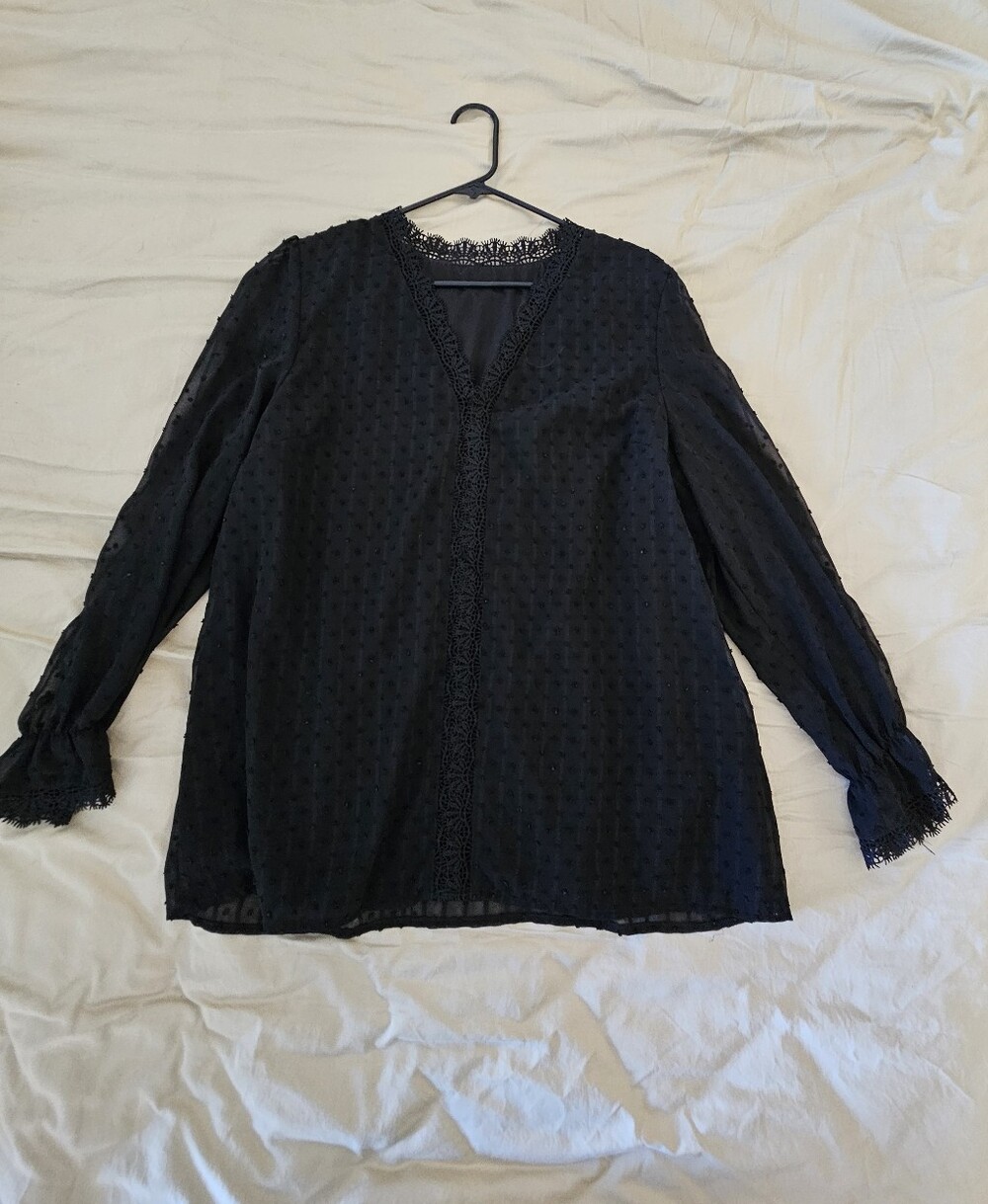 Black Lace-Trim V-Neck Long Sleeve Blouse